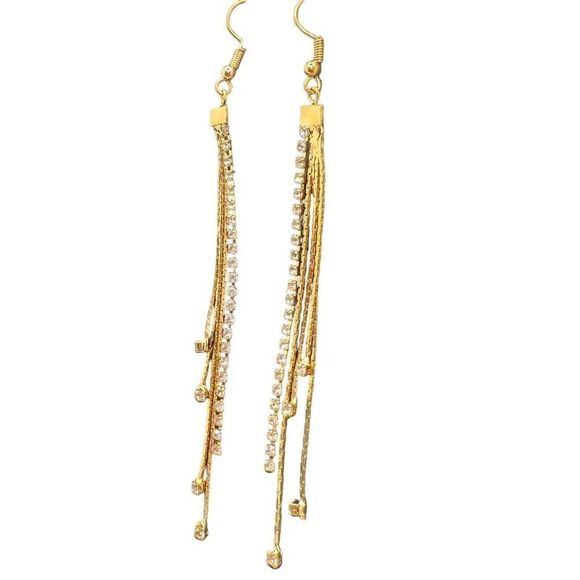 ToDoModa Earrings Fishhook Rhinestone Gold Toned Strands Teardrop Length 11” - Picture 3 of 7
